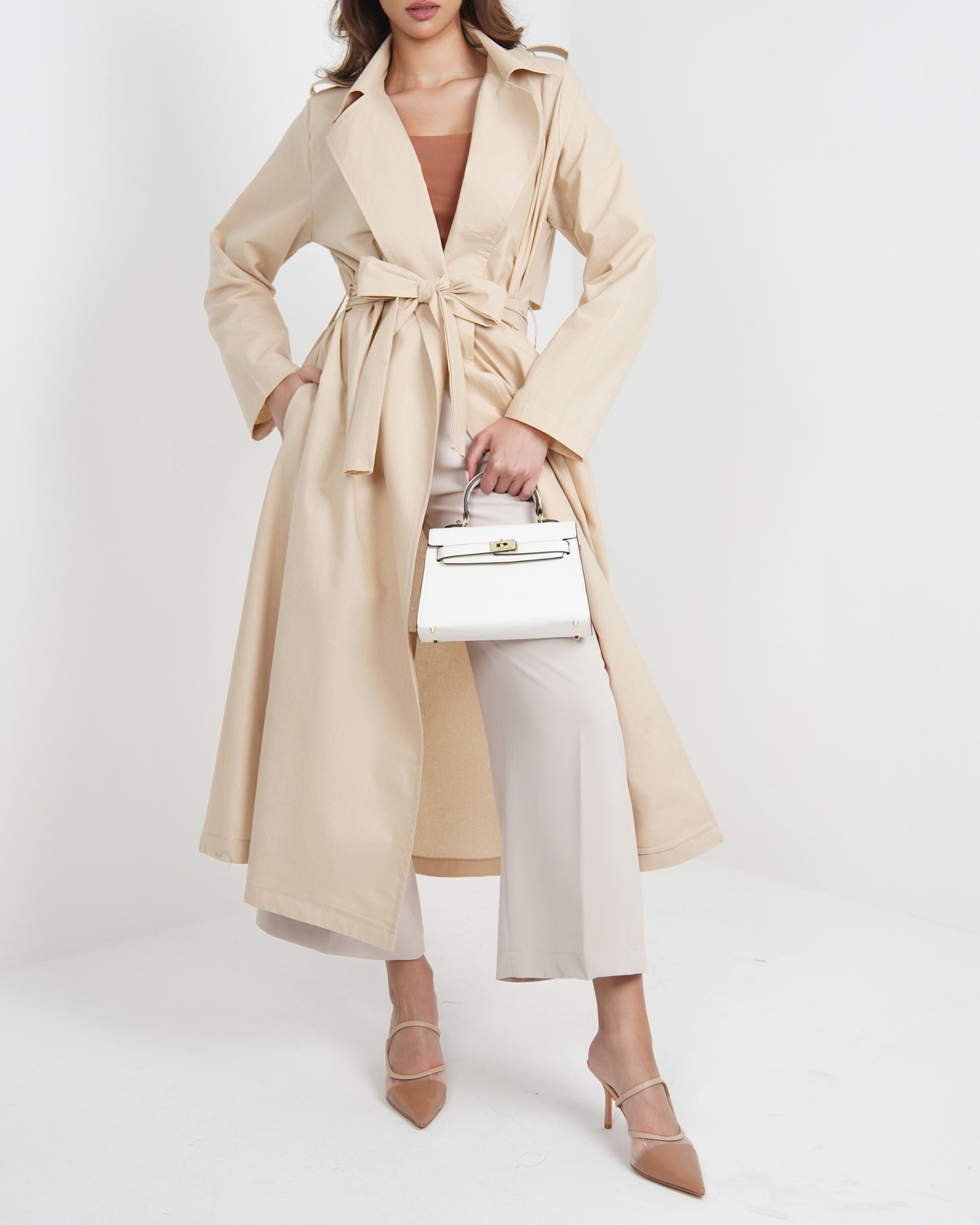 Long line trench coat in sand beige