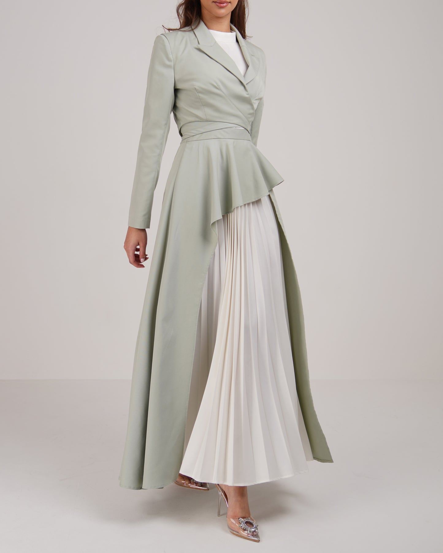 Pleated detail dress and cropped tie blazer set in pastel green