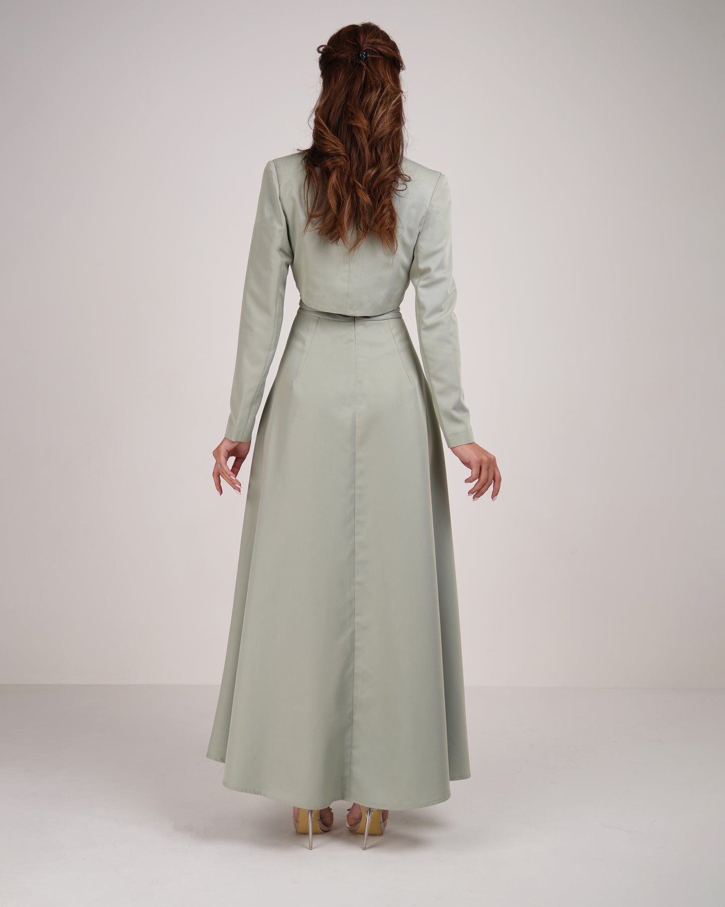 Pleated detail dress and cropped tie blazer set in pastel green
