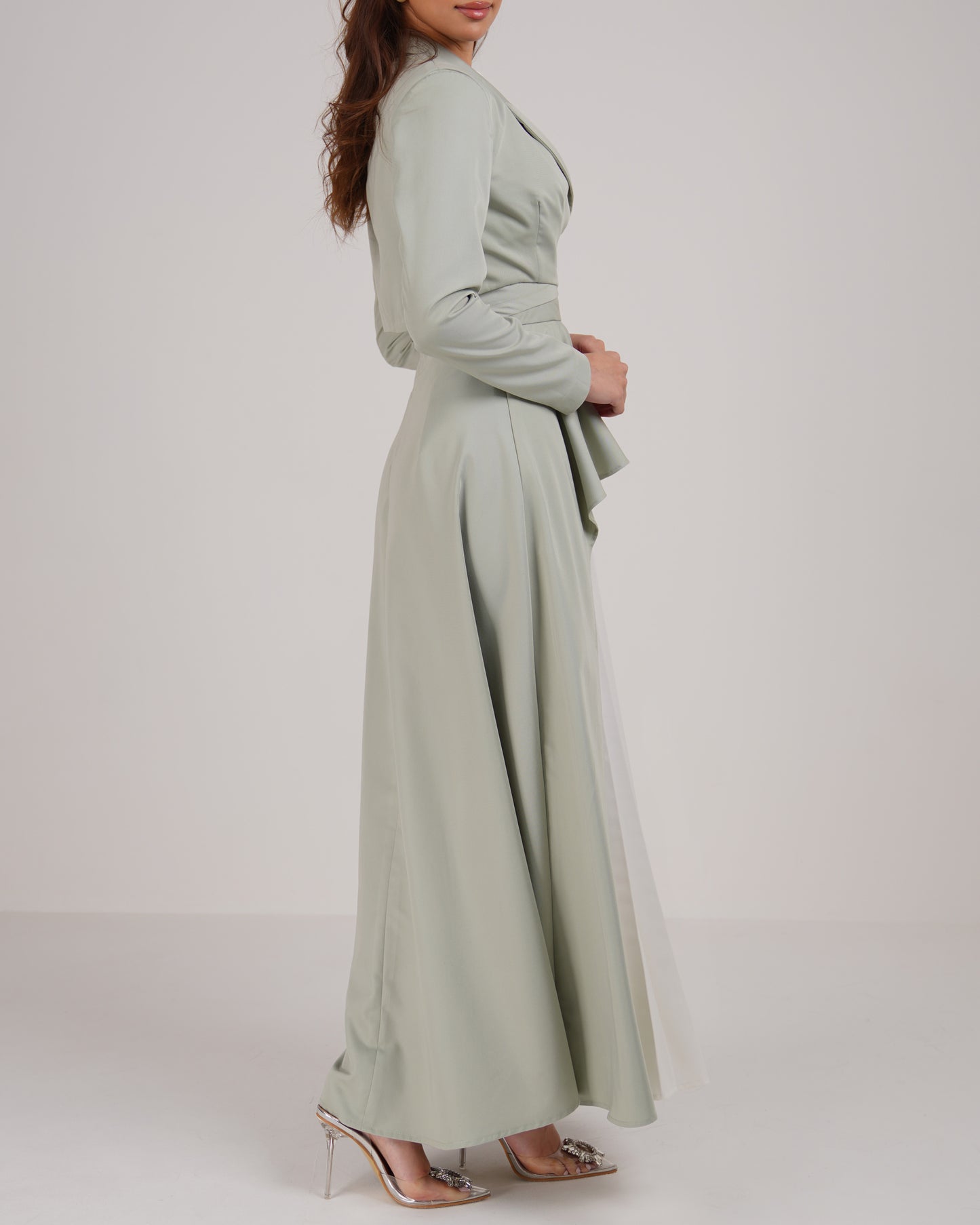 Pleated detail dress and cropped tie blazer set in pastel green