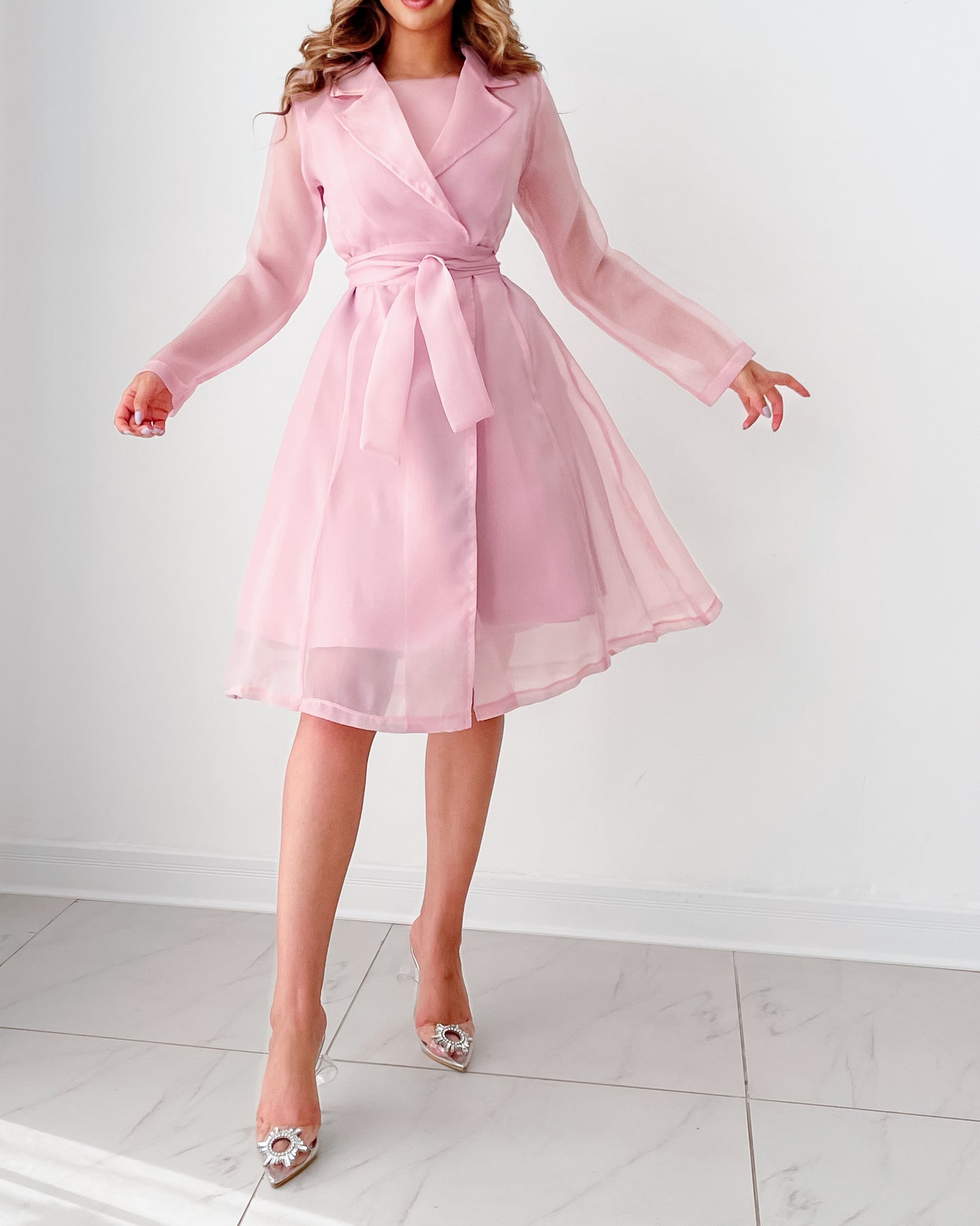 Satin dress toped with organza belted jacket in blush pink