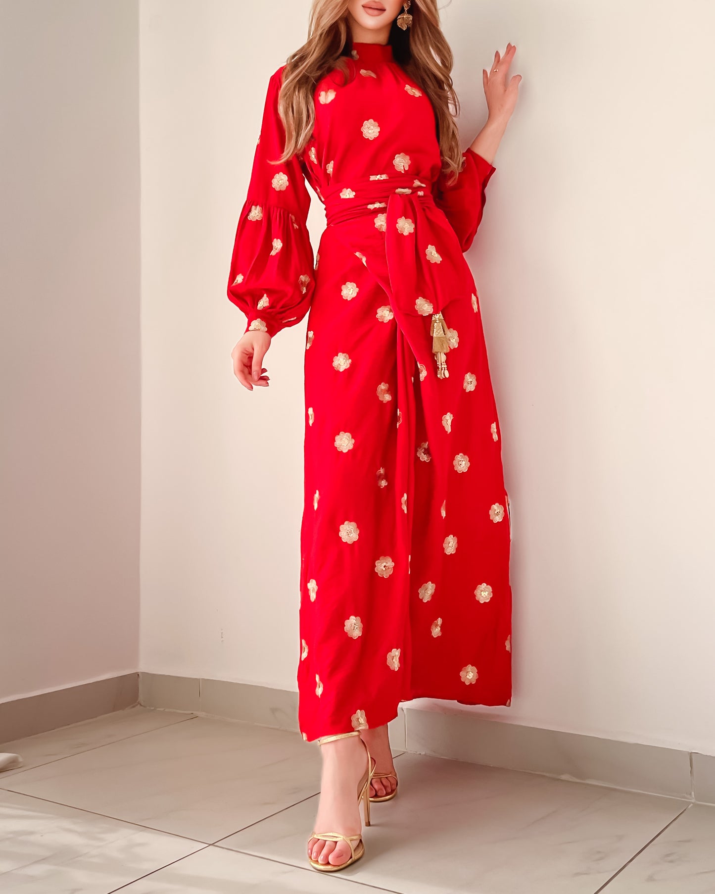 Red Buffed sleeves with waist wrap around style dress