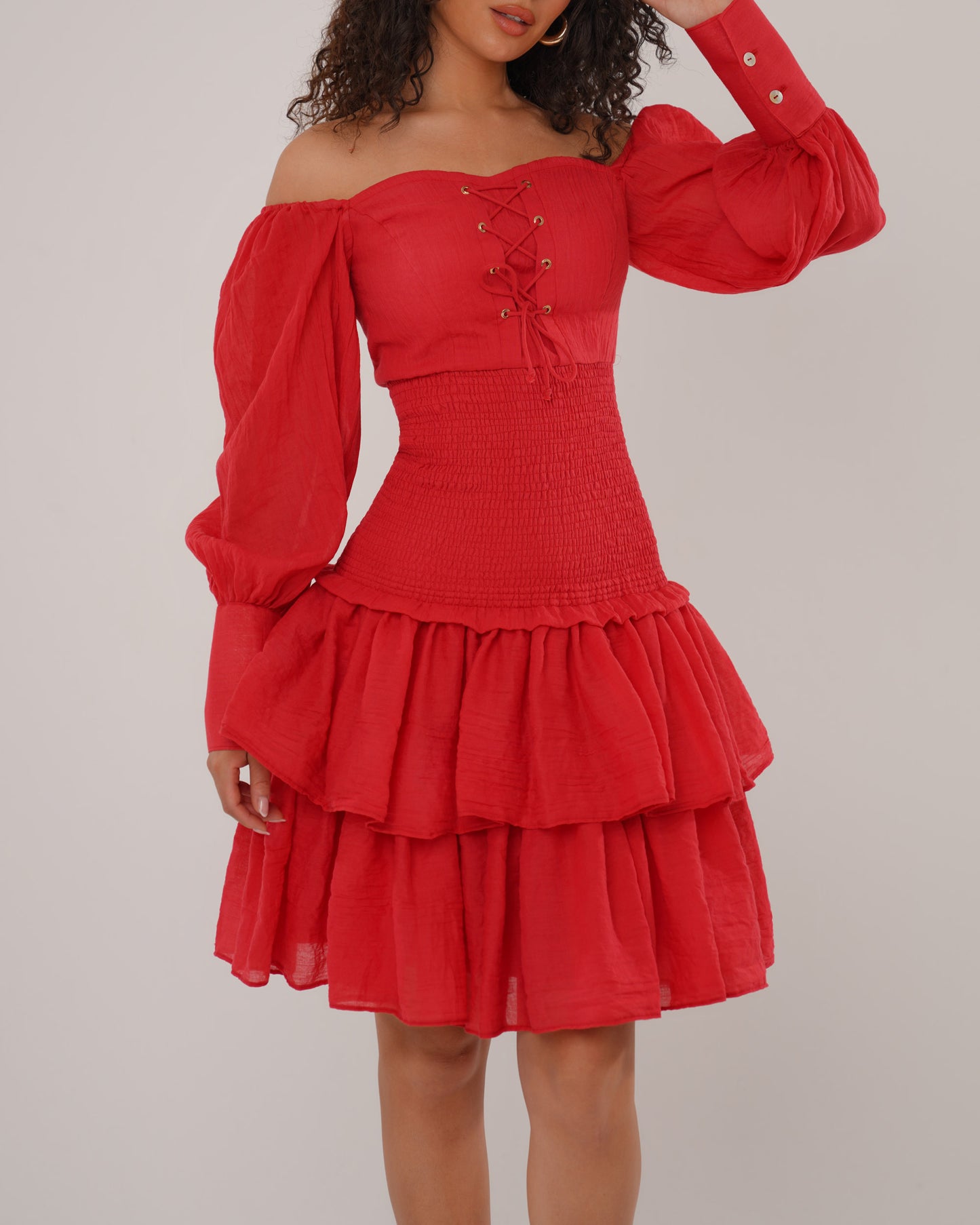 Scarlet cherry cotton blend shirred dress
