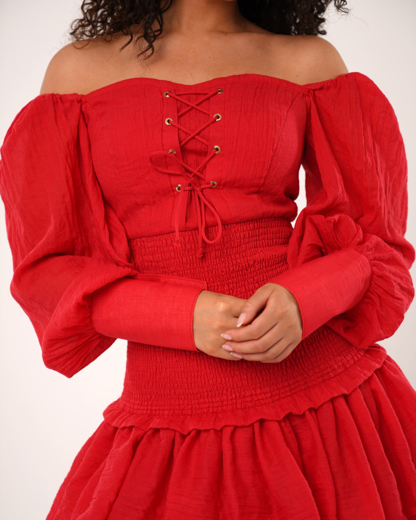 Scarlet cherry cotton blend shirred dress