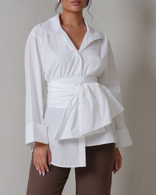Belted oversized asymmetric cotton off white shirt