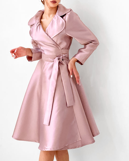 Satin midi front wrap dress in blushed pink