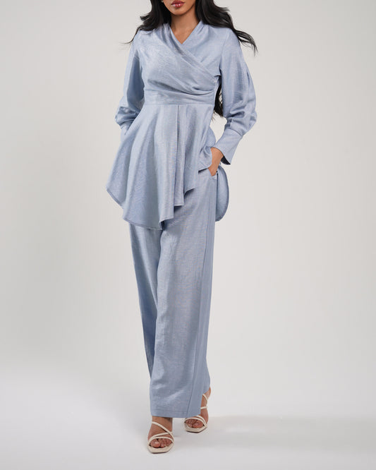 Cerulean draped neckline raw-silk blouse with trousers