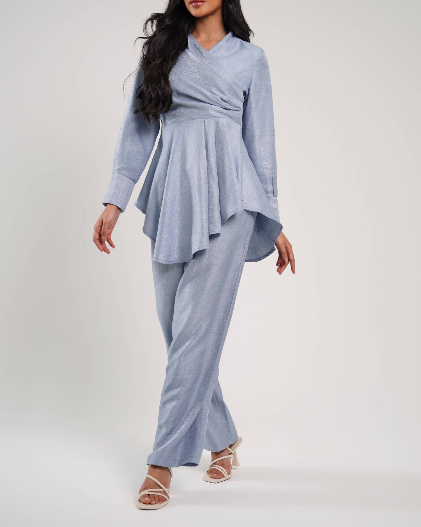 Cerulean draped neckline raw-silk blouse with wide leg trousers