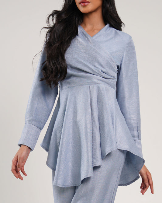 Cerulean draped neckline raw-silk blouse