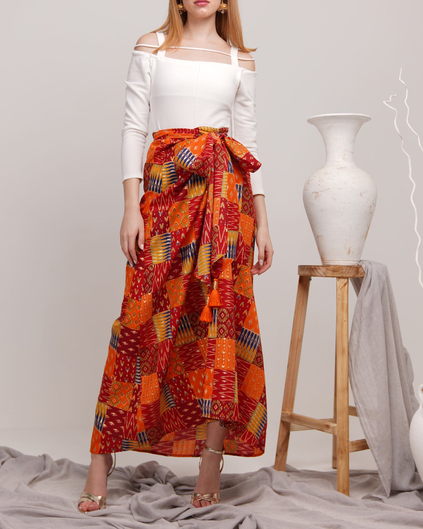 Flaming red wrap skirt and off white top set