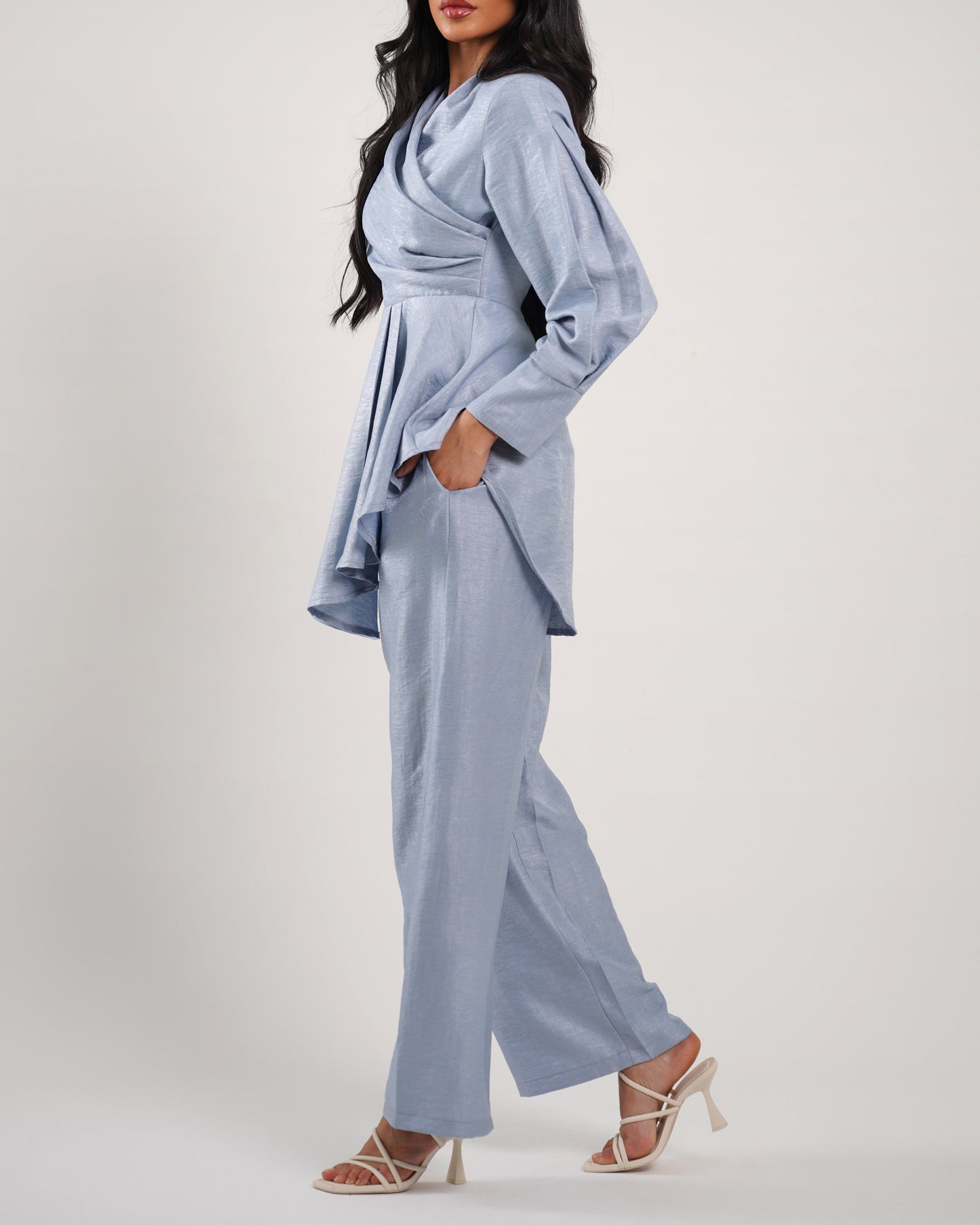 Cerulean draped neckline raw-silk blouse with wide leg trousers