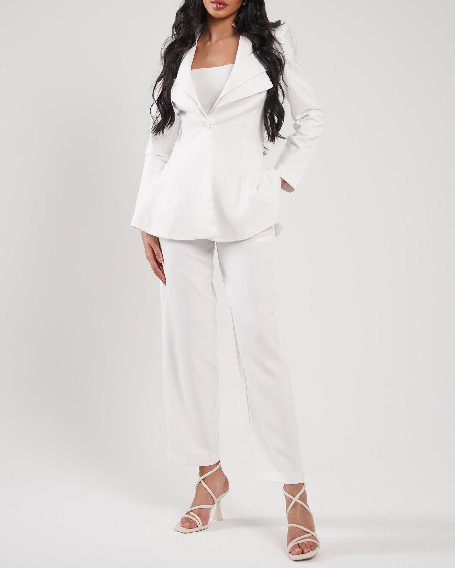 Milk White Pointed shoulder double collar blazer paired with straight leg trousers