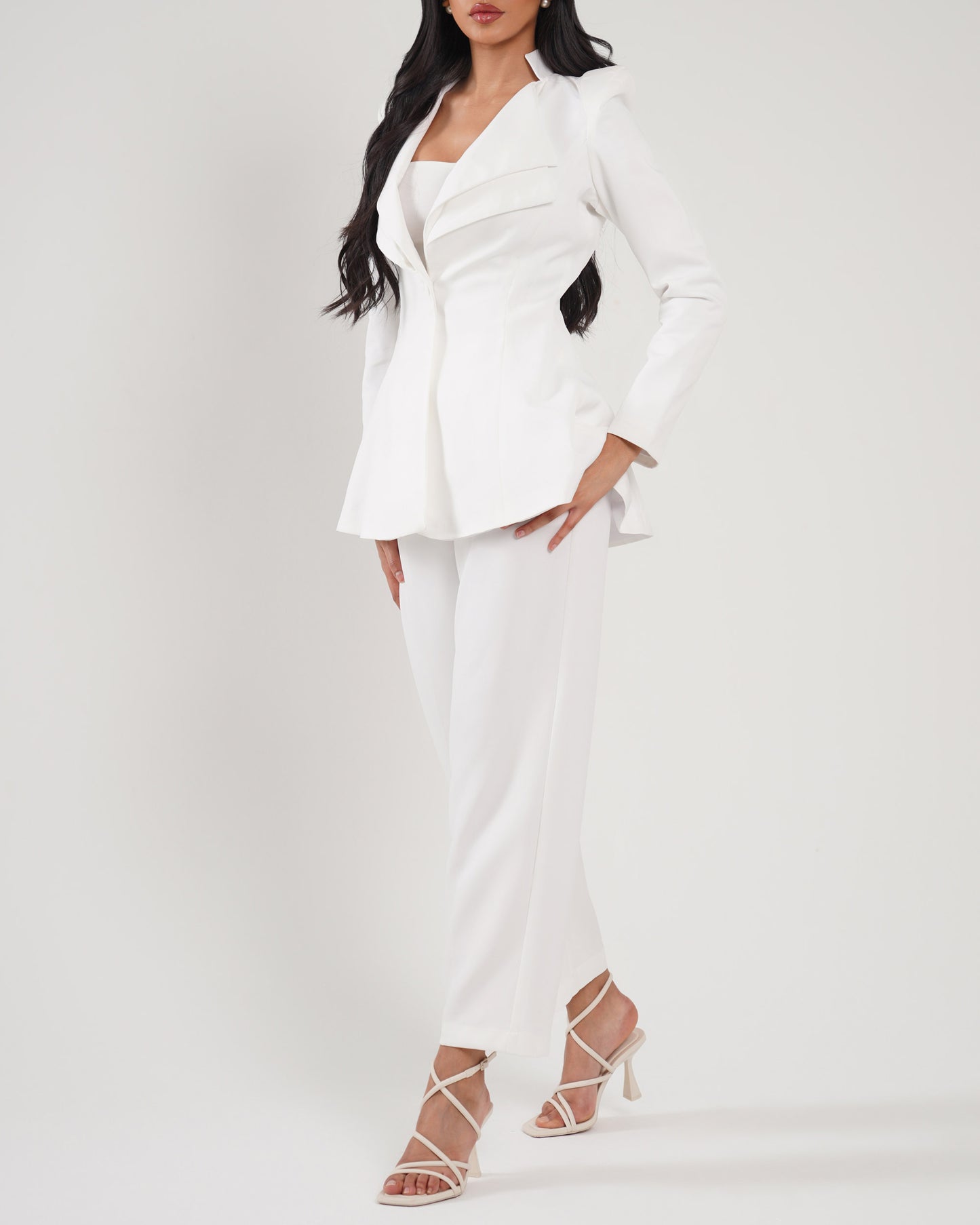 Milk White Pointed shoulder double collar blazer paired with straight leg trousers