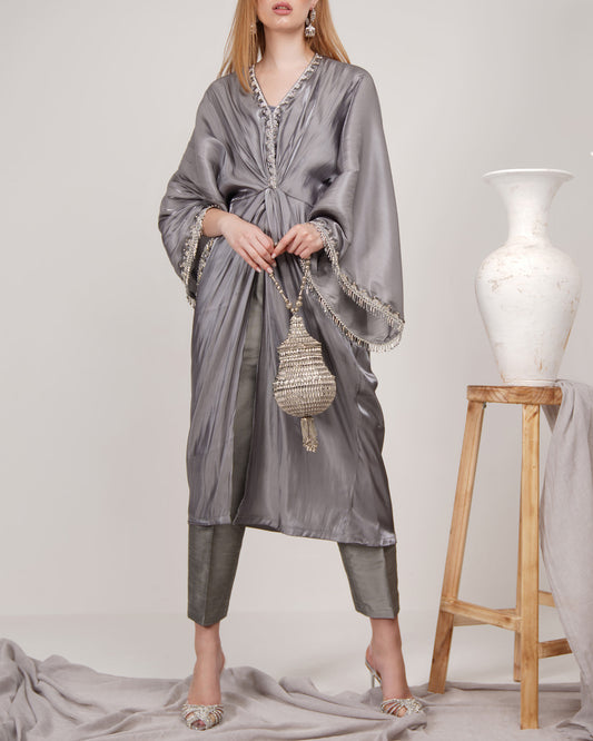 Grey 3 piece set kaftan top with high waisted trousers and tank top