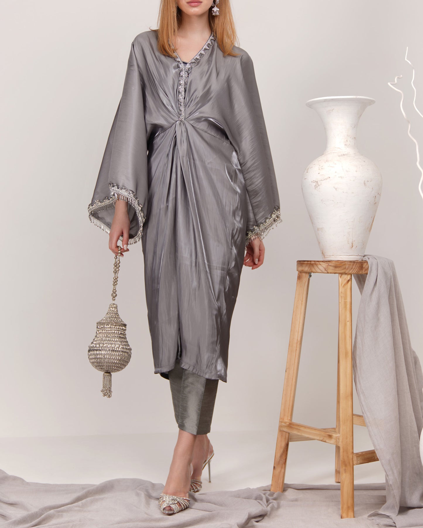 Grey 3 piece set kaftan top with high waisted trousers and tank top