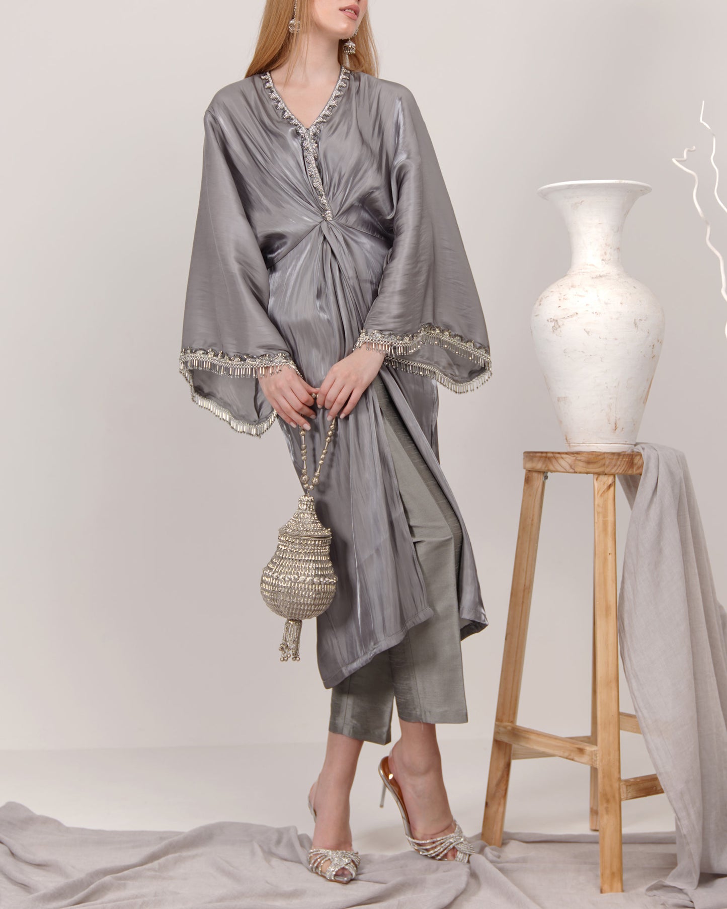 Grey 3 piece set kaftan top with high waisted trousers and tank top
