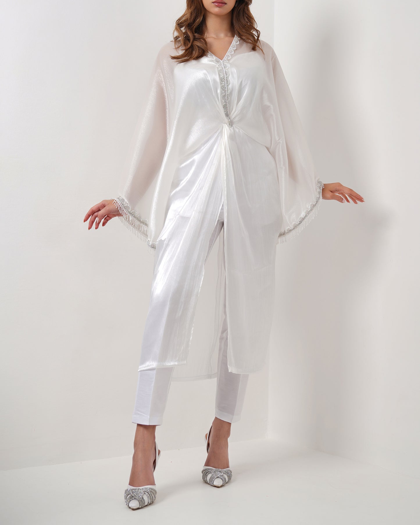 Pearl white 3 piece set kaftan top with high waisted trousers and tank top