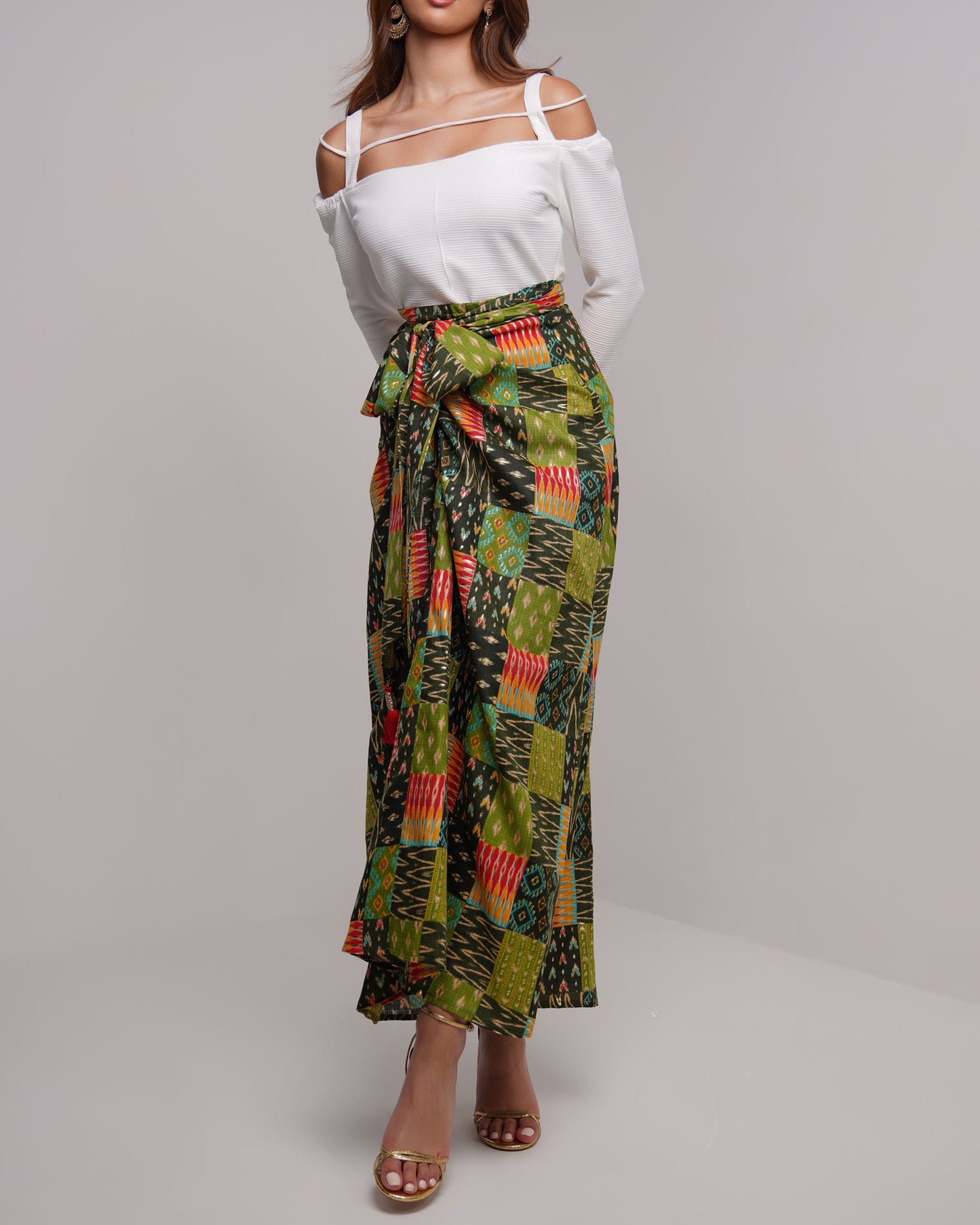 Forest green wrap skirt and off white top set