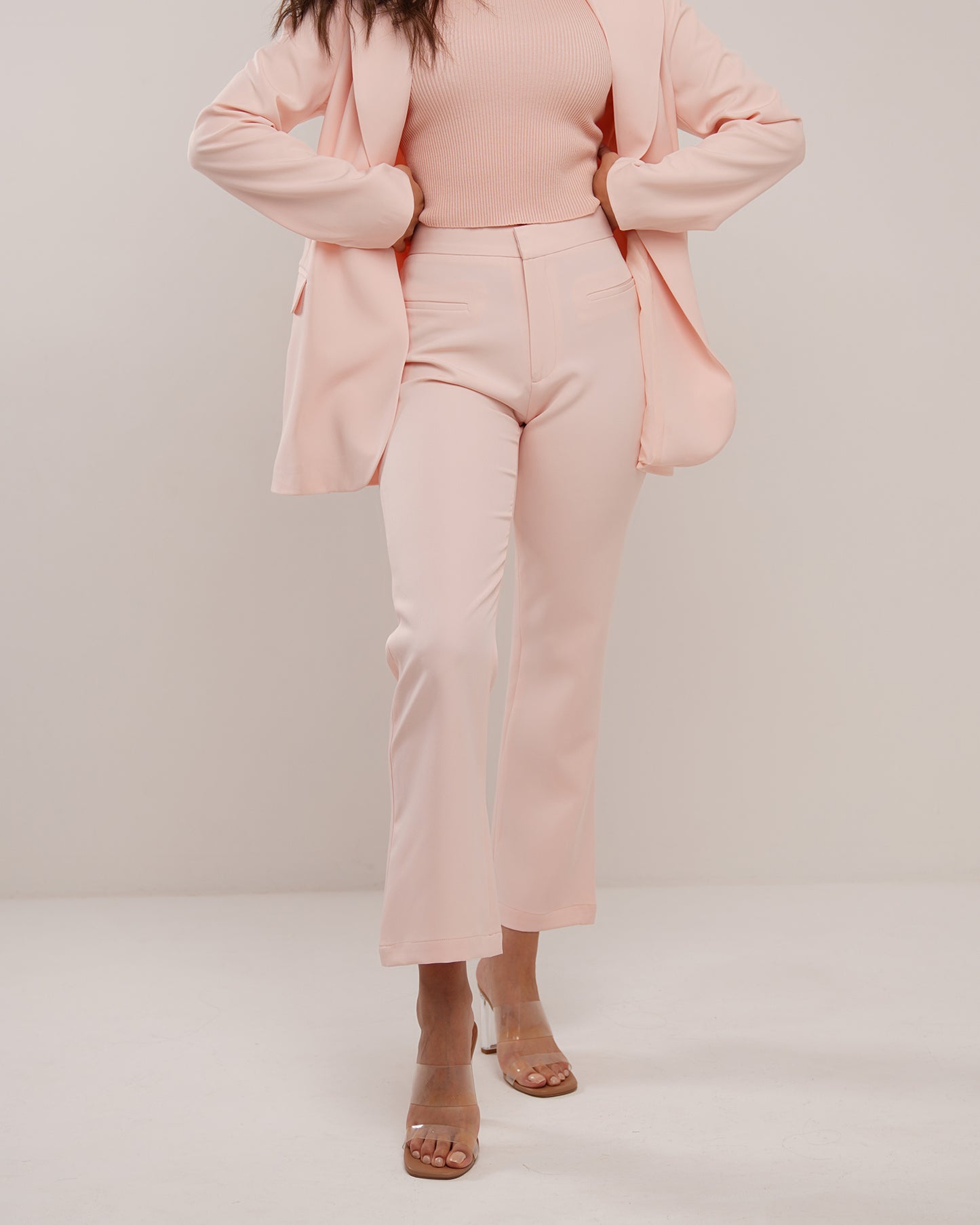 Sherbet peach classic jetted pocket flare trousers