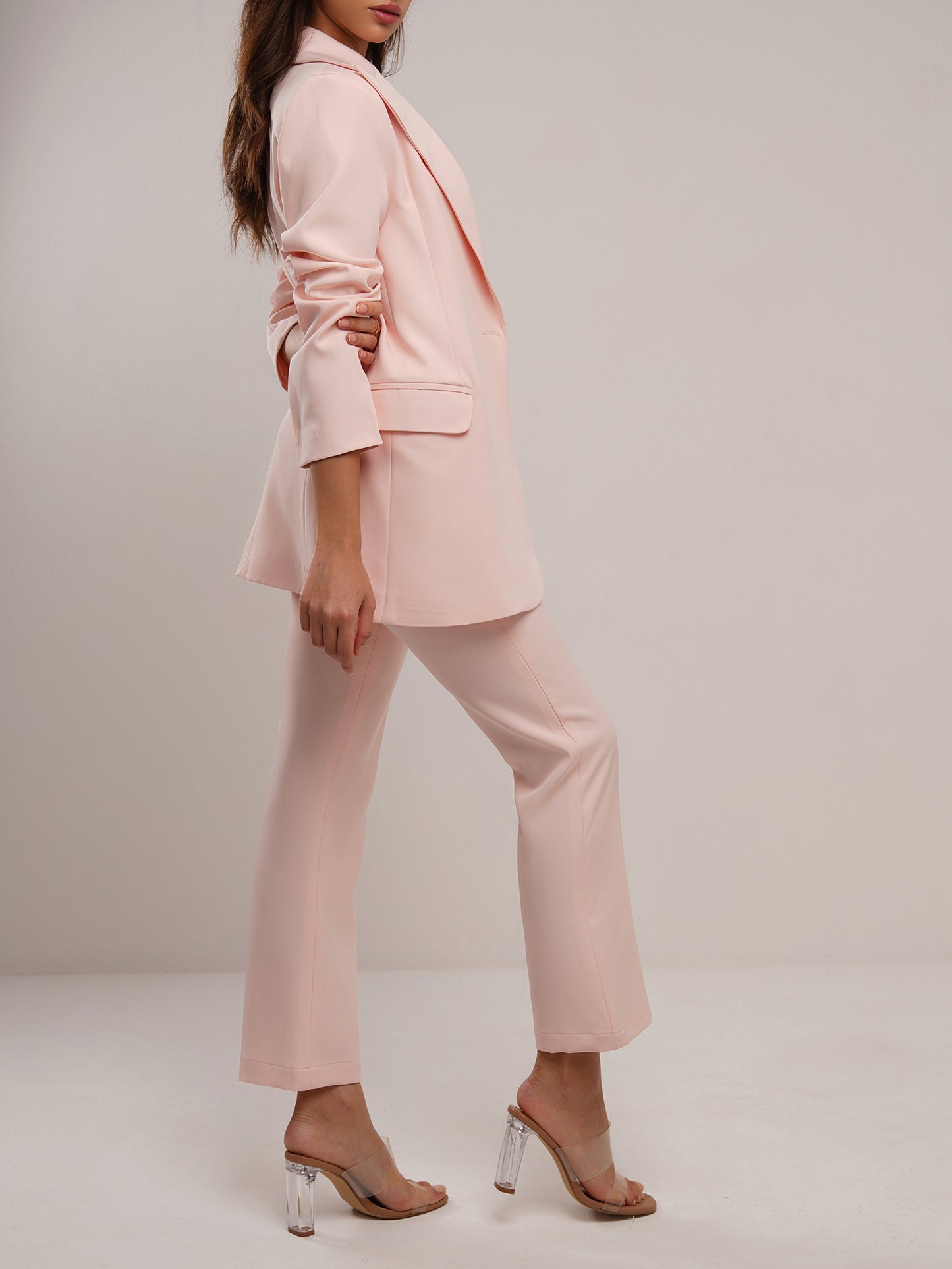 Sherbet peach classic jetted pocket flare trousers