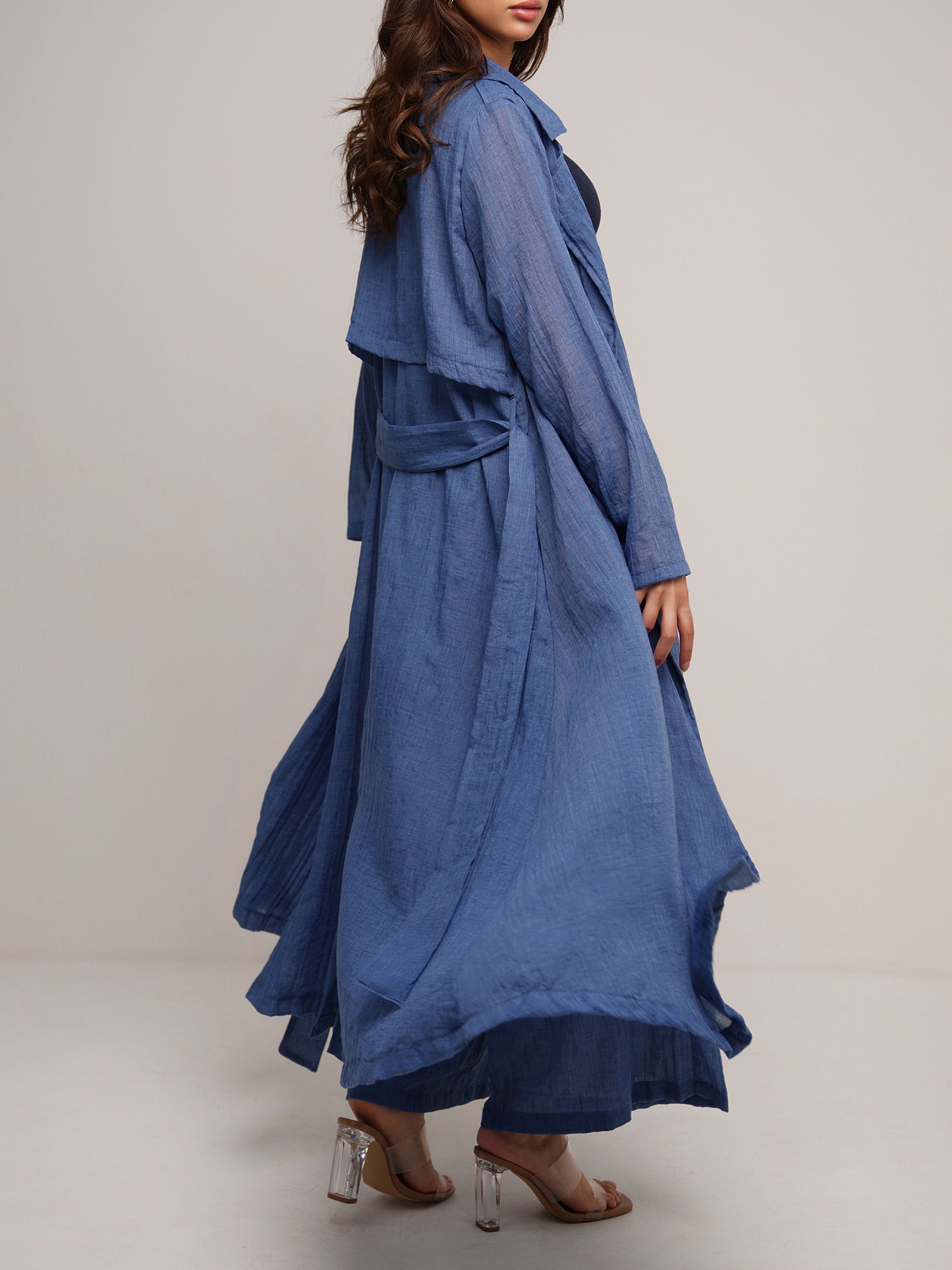 Indigo wash longline trench coat with wide leg trousers