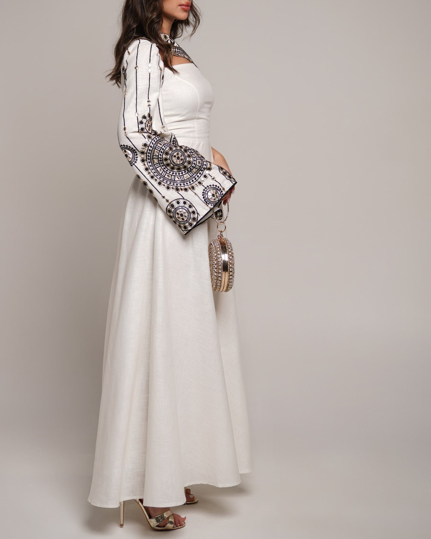 Ethereal Embroidered One-Shoulder Skater luxury Kaftan in off white