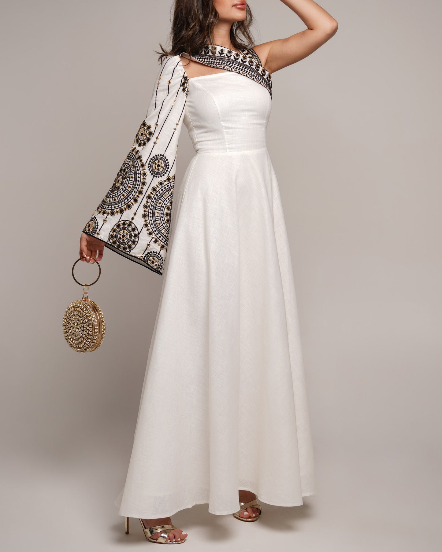 Ethereal Embroidered One-Shoulder Skater luxury Kaftan in off white