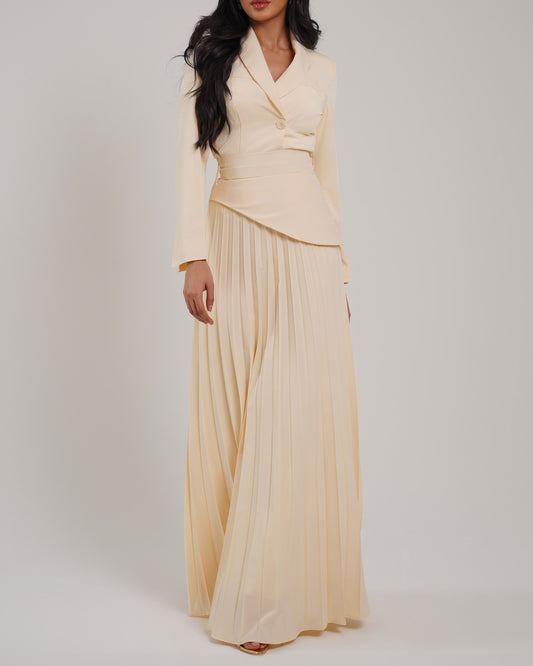 Double cream belt effect pleated maxi skirt paired with cropped blazer