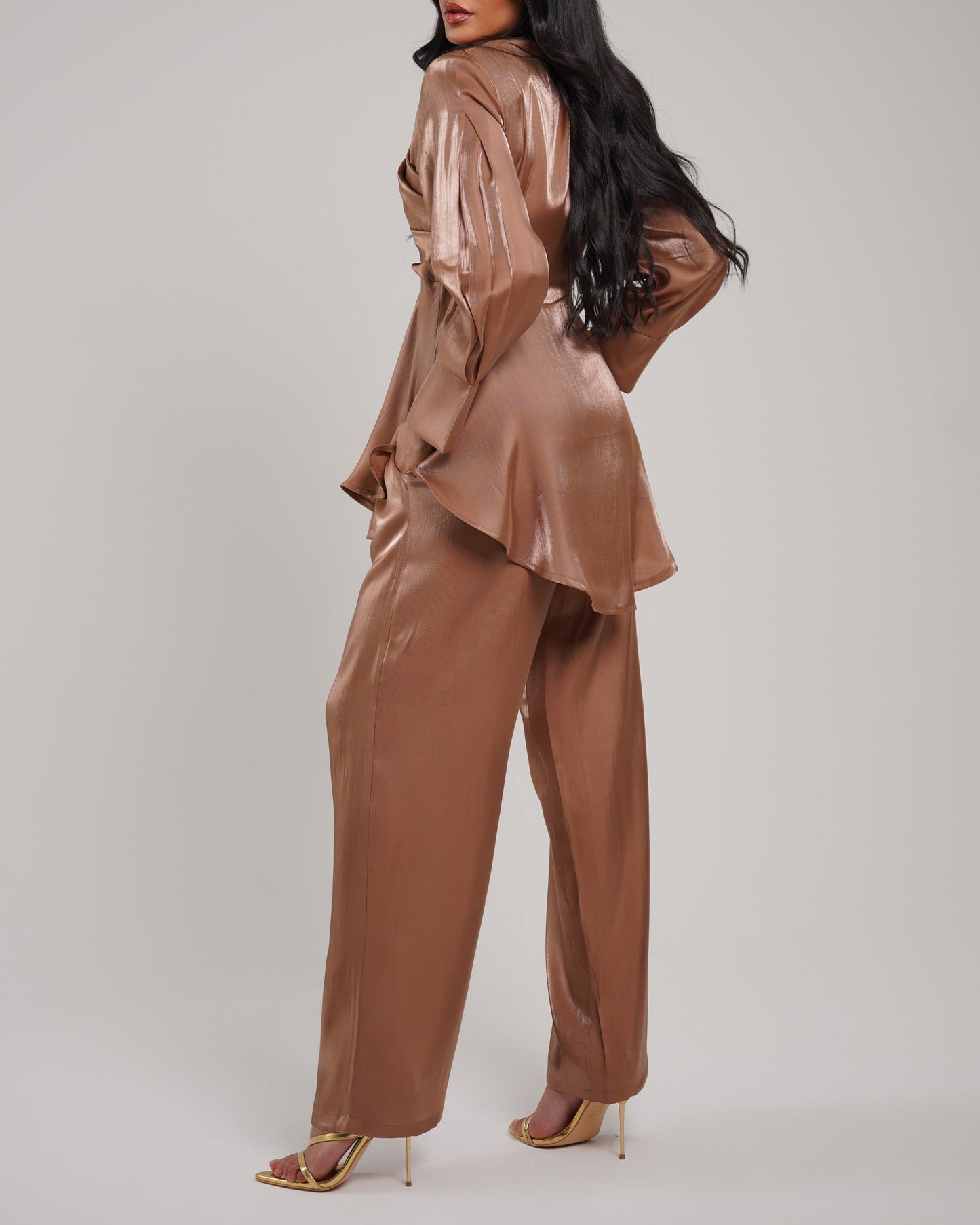 Toffee draped neckline raw-silk blouse with wide leg trousers