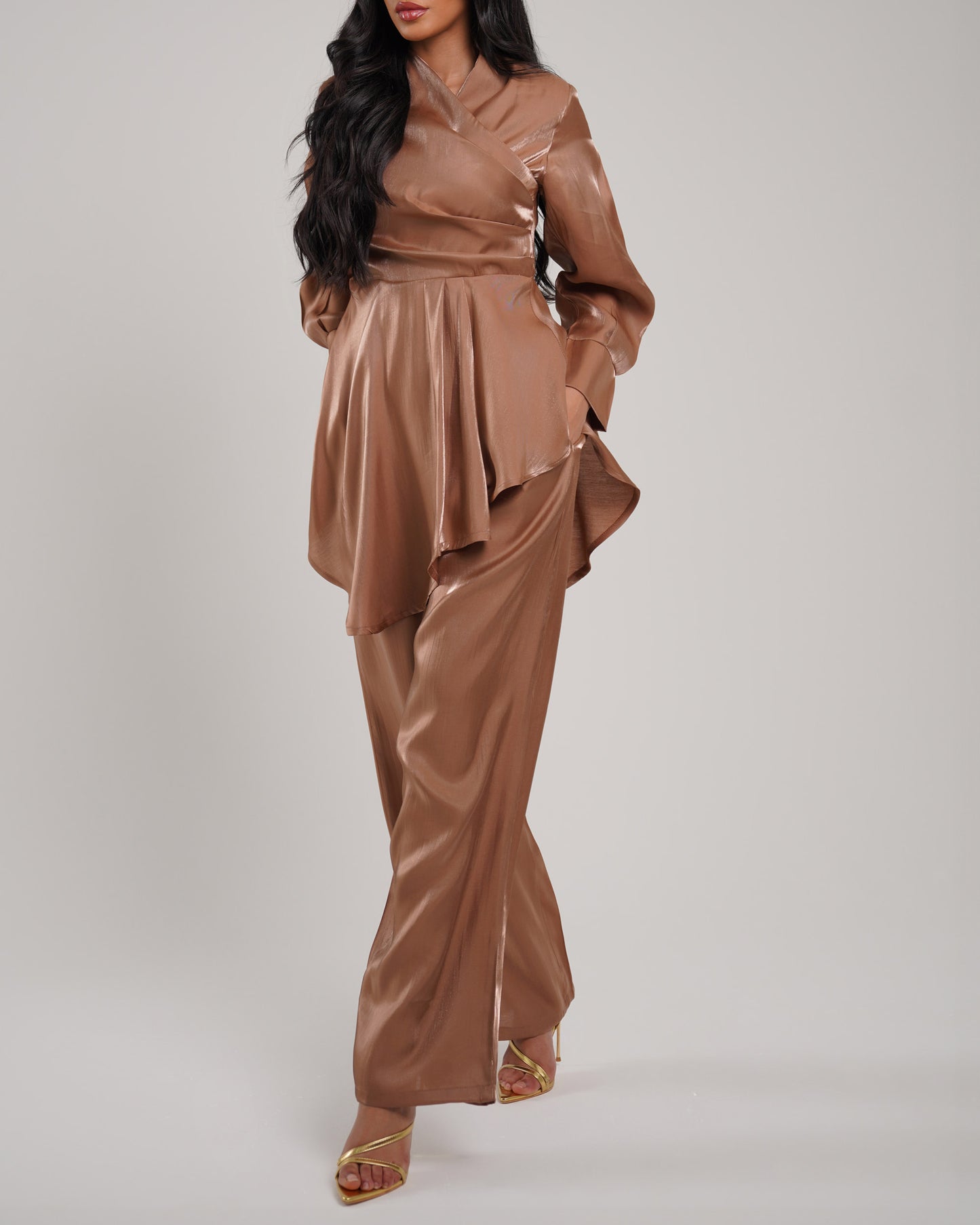 Toffee draped neckline raw-silk blouse with wide leg trousers