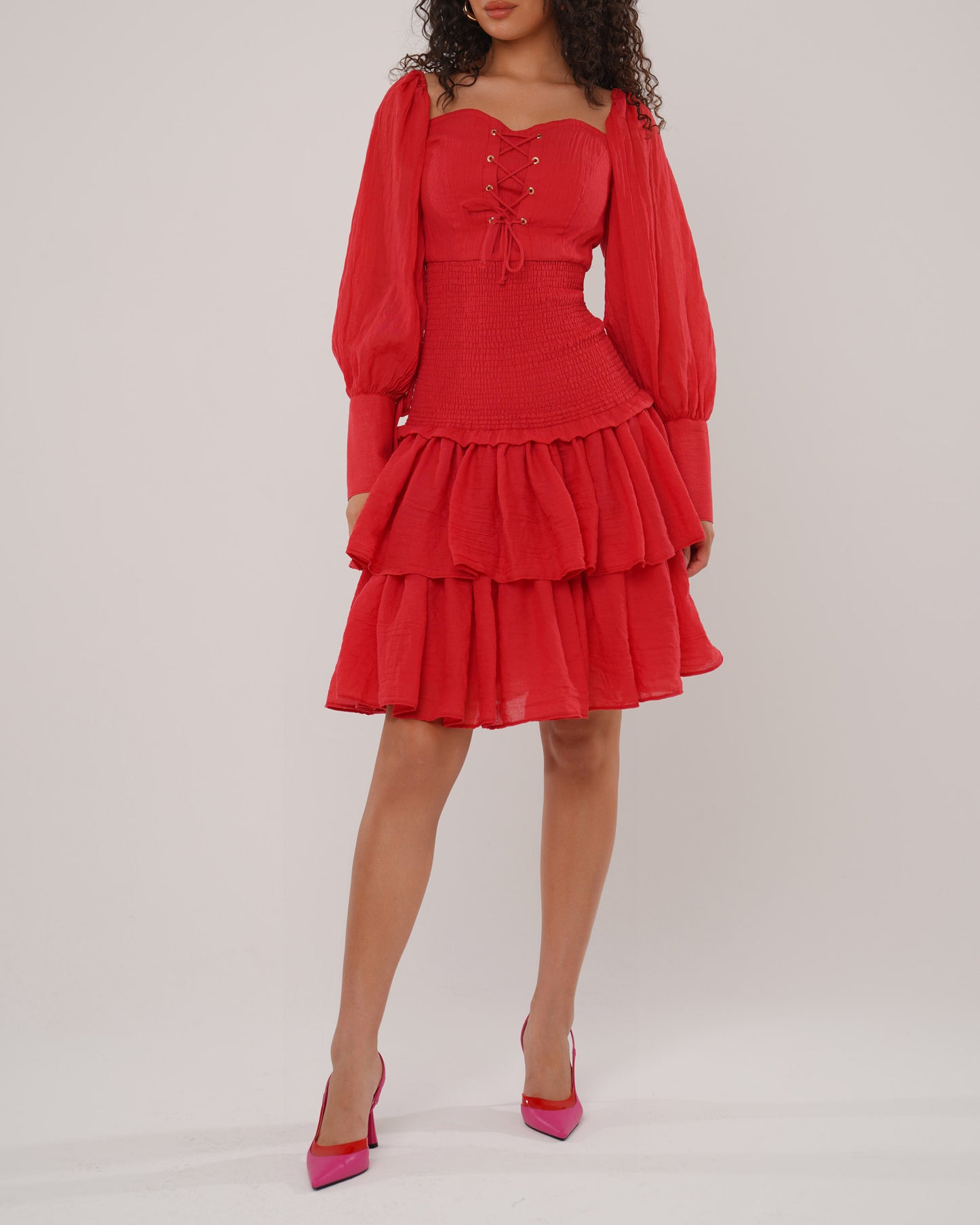 Scarlet cherry cotton blend shirred dress