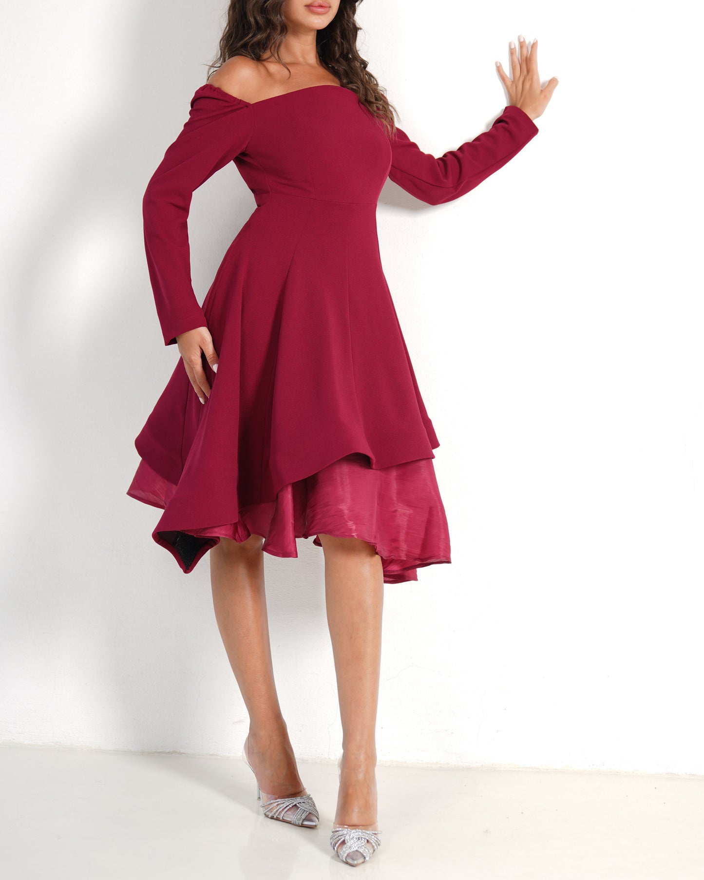Maroon Asymmetrical Crepe Dress