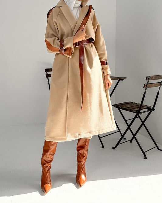 Two tone wool and faux leather coat
