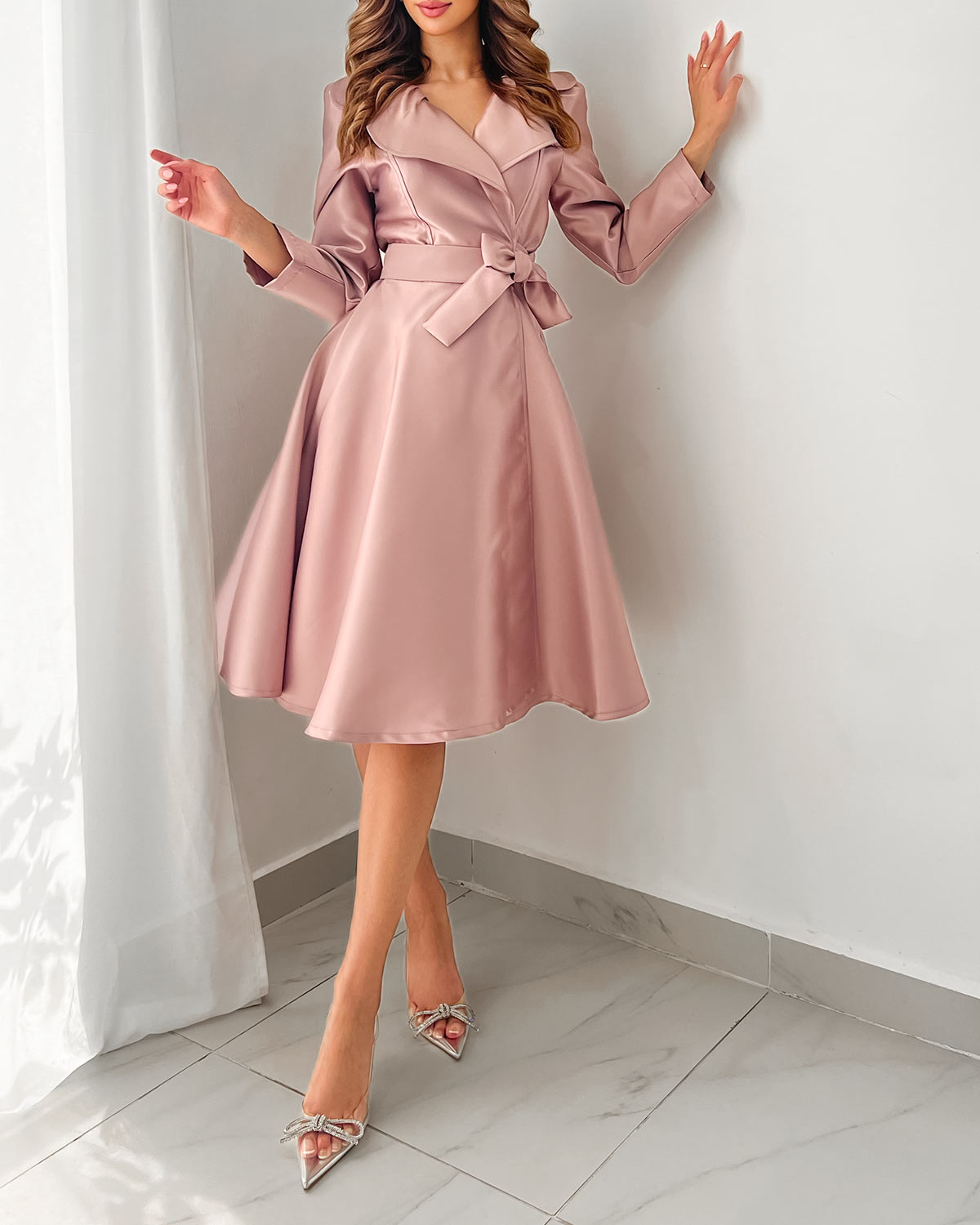 Satin midi front wrap dress in blushed pink