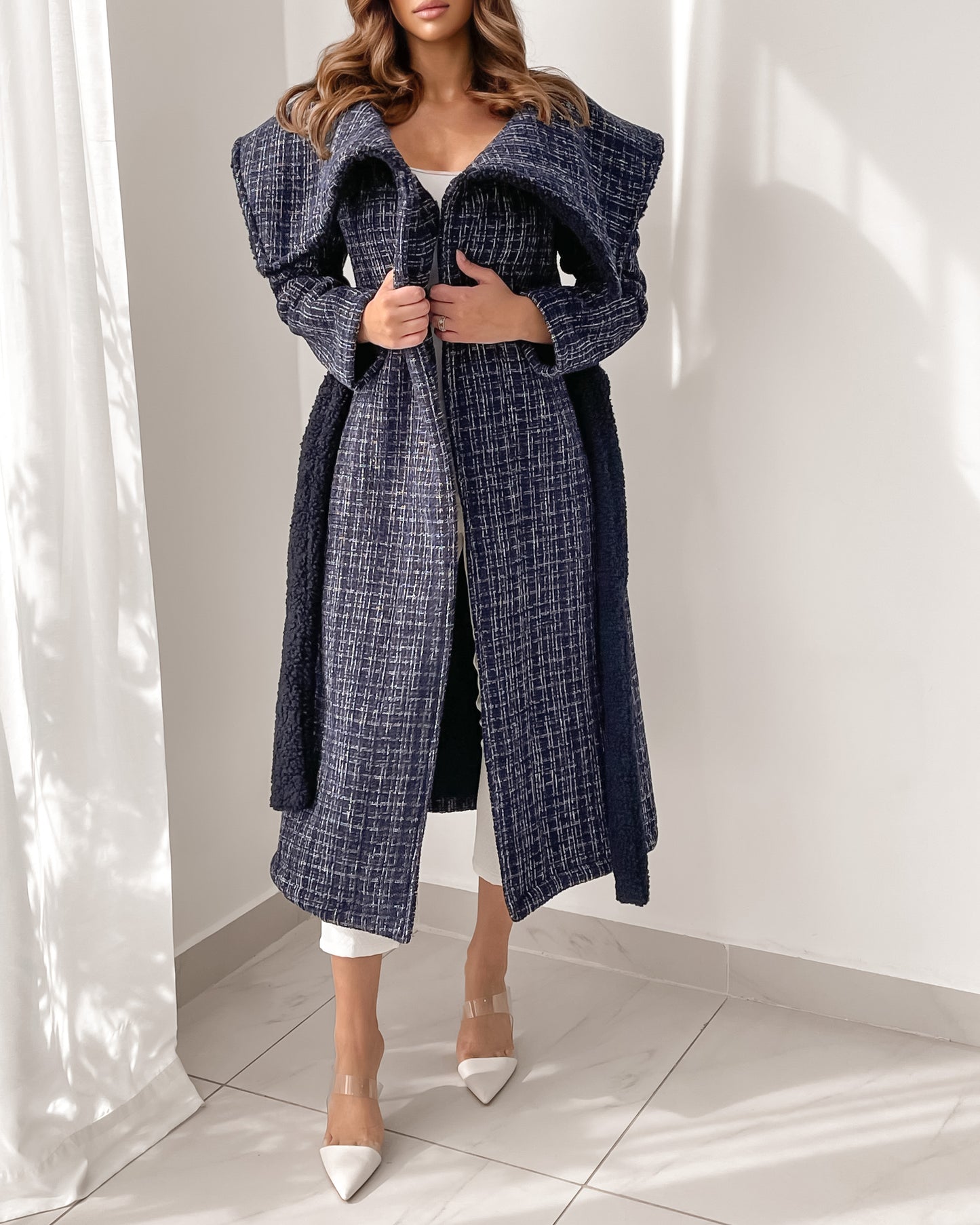 Long line wrap coat with shawl collar