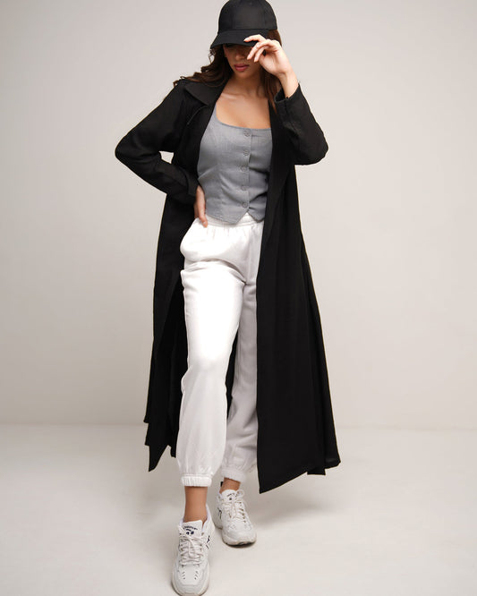 Jet black longline trench coat