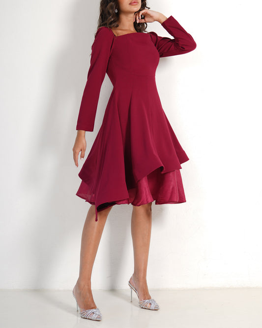 Maroon Asymmetrical Crepe Dress