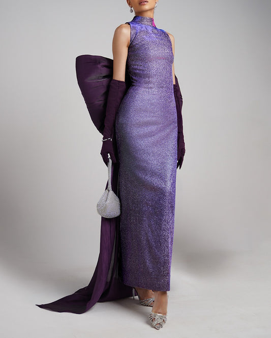 Mermaid purple metallic gown with bow detail