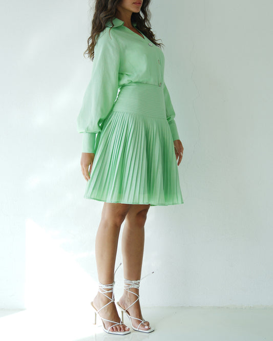 Pleated minty glow skirt with buttons up shirt
