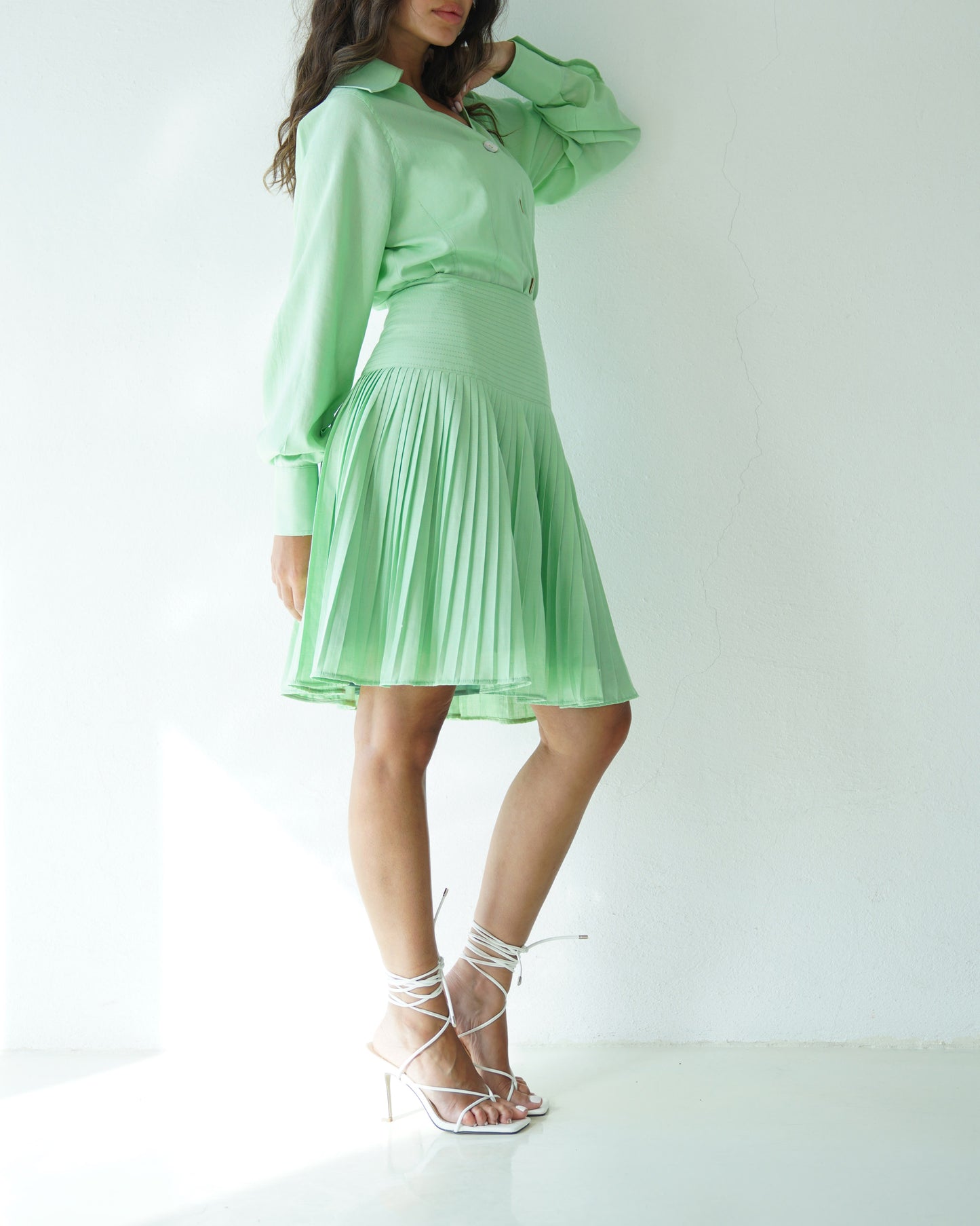 Pleated minty glow skirt with buttons up shirt