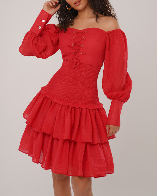 Scarlet cherry cotton blend shirred dress