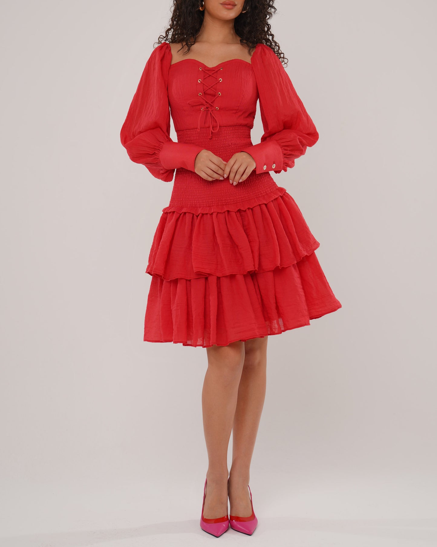 Scarlet cherry cotton blend shirred dress