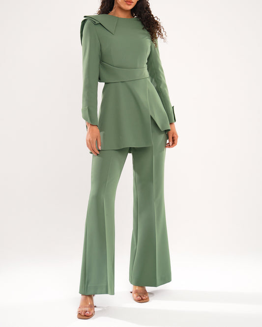 Serene Sage peplum top with high waist flared trousers