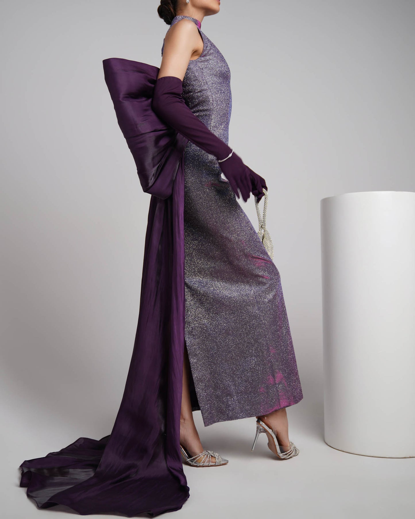 Mermaid purple metallic gown with bow detail