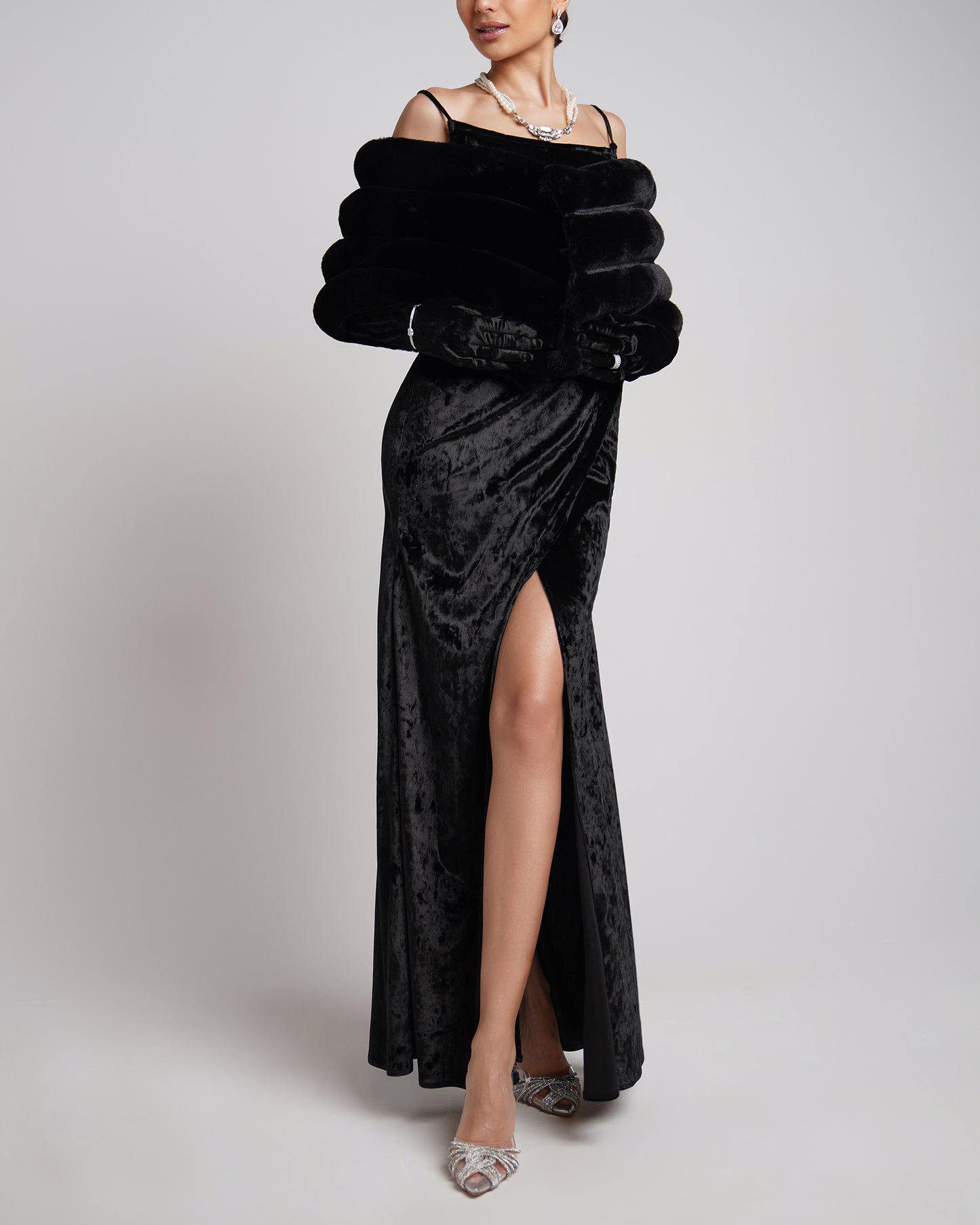 Velvet Noir gown with fur shawl