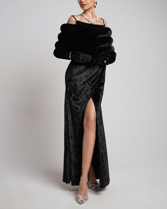 Velvet Noir gown with fur shawl