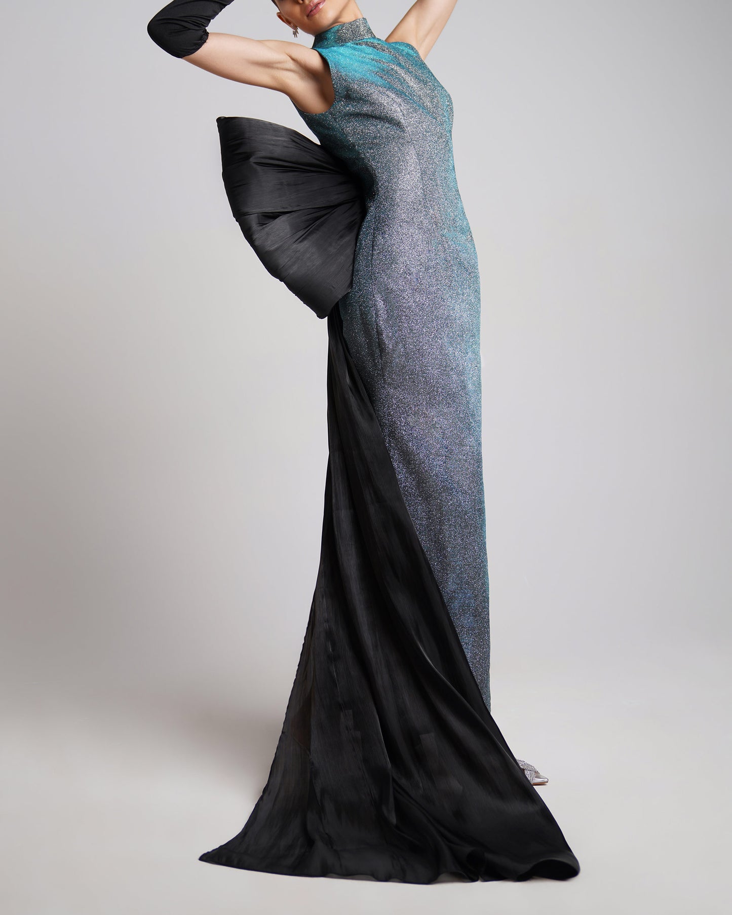 Electra blue metallic gown with bow detail