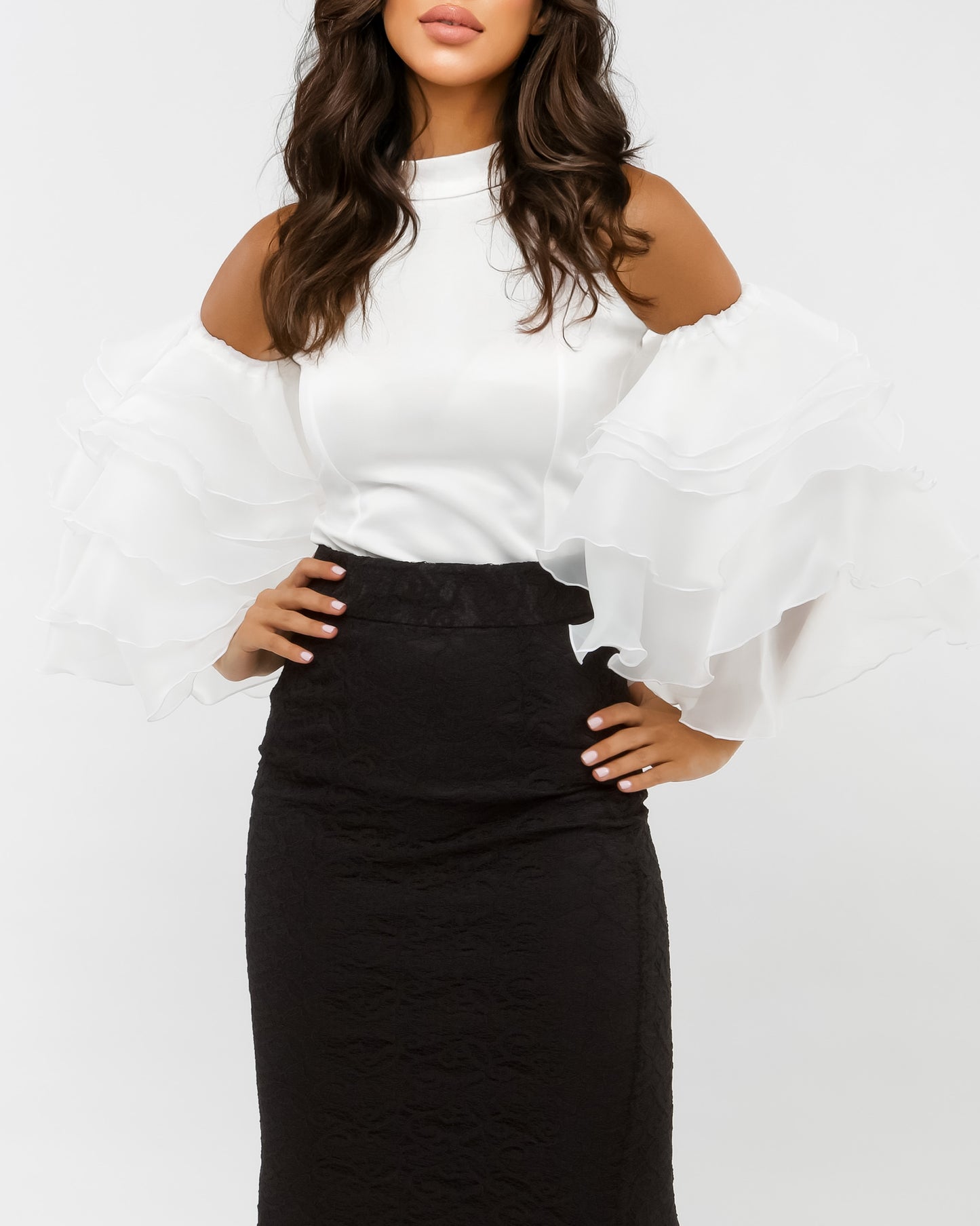 White Halter neck top with layered sleeves