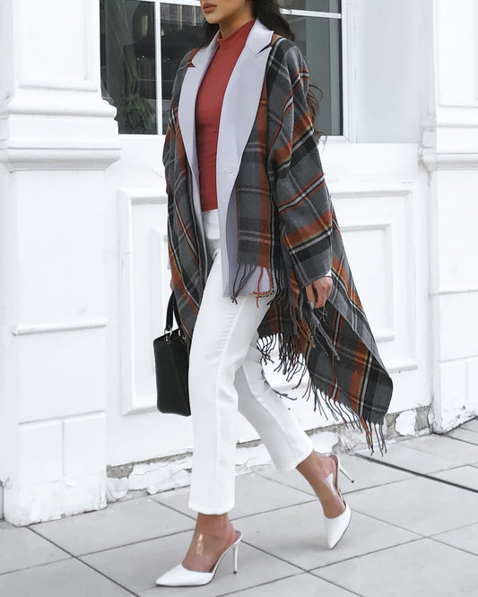 Fringed checked wool-blend wrap