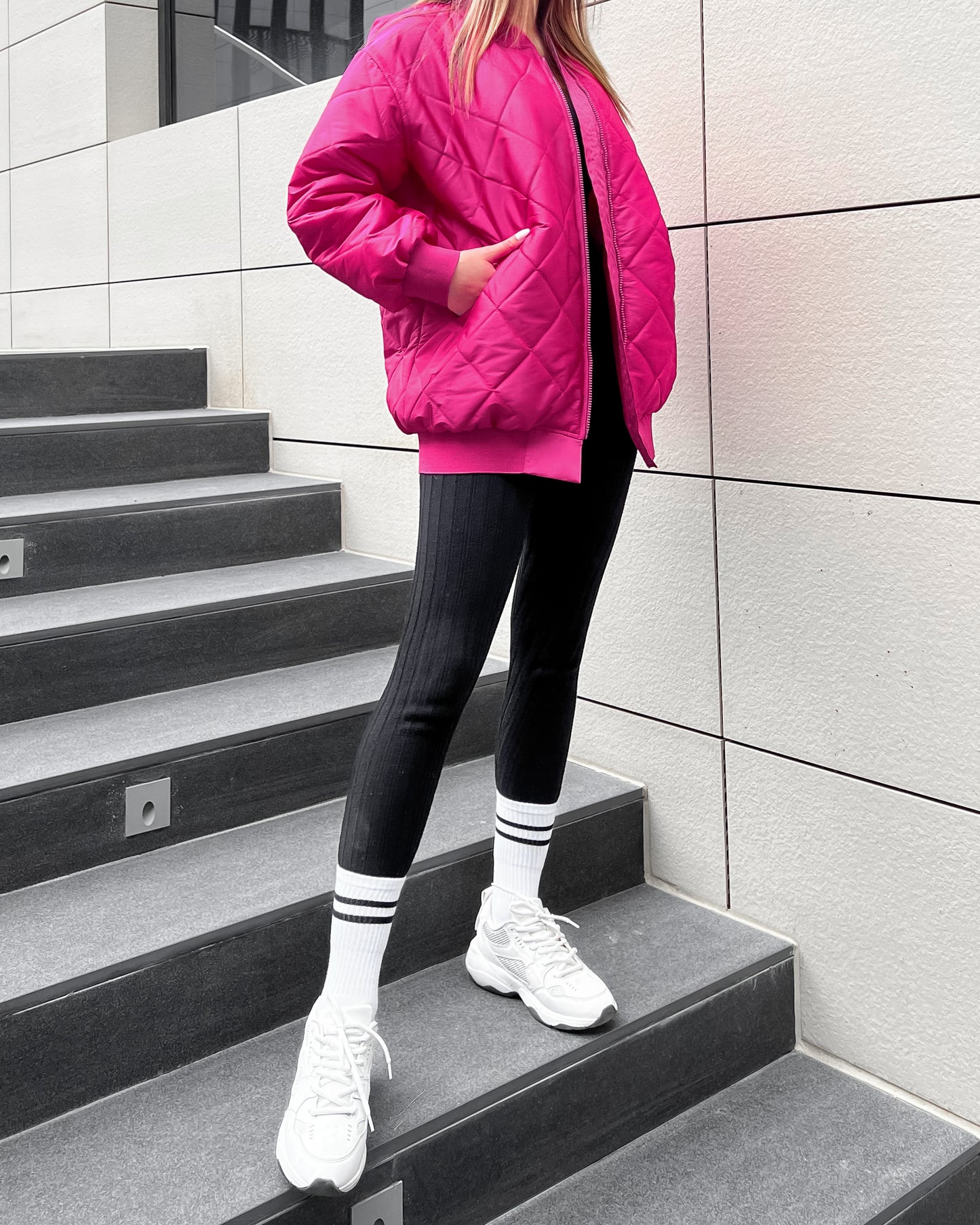 Oversized quilted bomber jacket in fuchsia